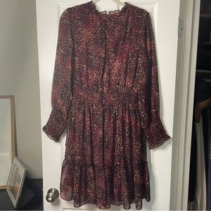 JUST TAYLOR… RED BROWN BLACK MINI DRESS LONG SLEEVE HIGH NECK FALL WINTER RUFFLE